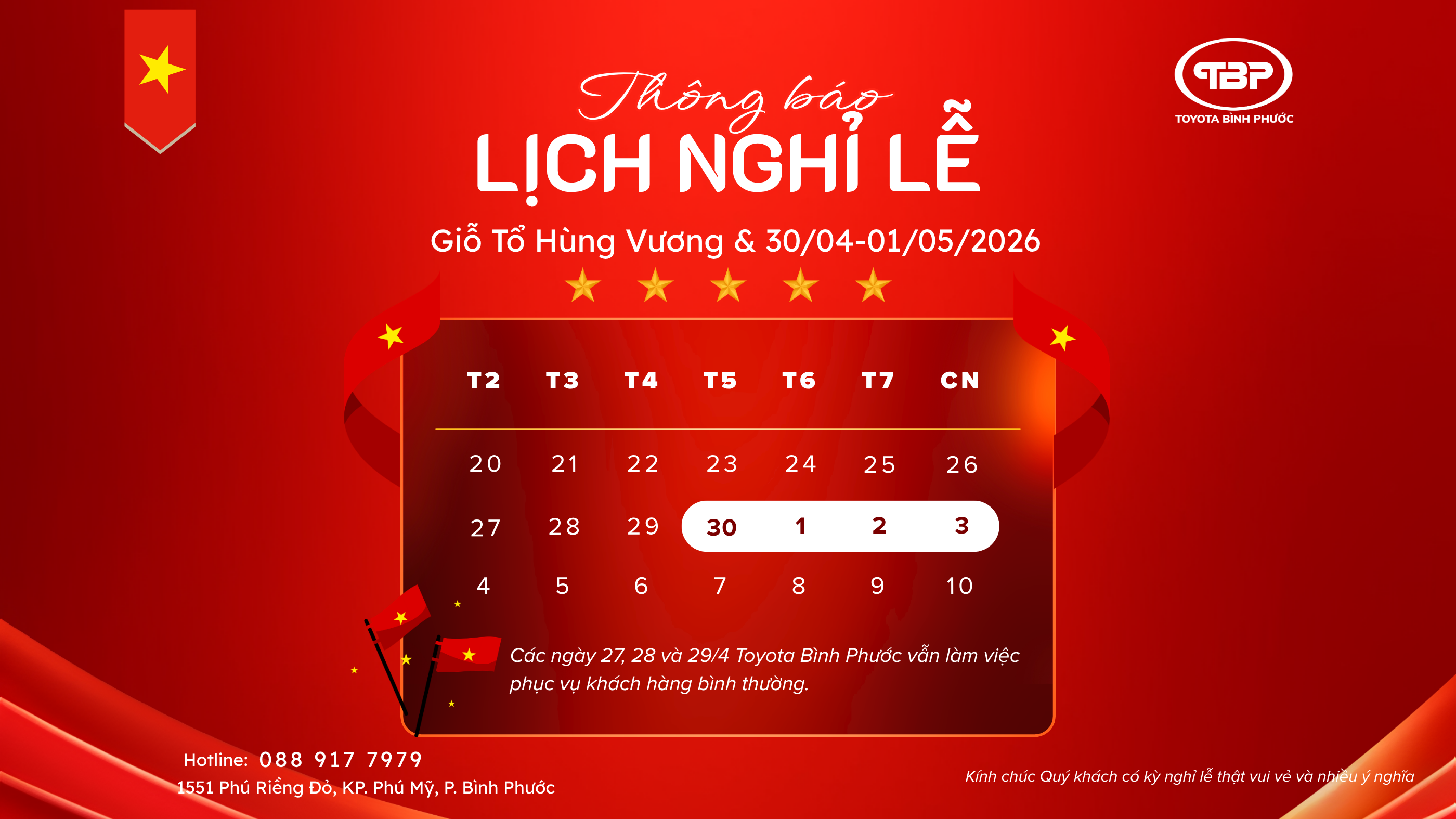 LỊCH NGHỈ LỄ GIỖ TỔ HÙNG VƯƠNG (10/3), GIẢI PHÓNG MIỀN NAM (30/4) VÀ QUỐC TẾ LAO ĐỘNG (01/05)